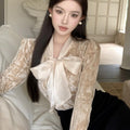 French-style Bow-Tie Lace-Up Velvet Shirt For Women