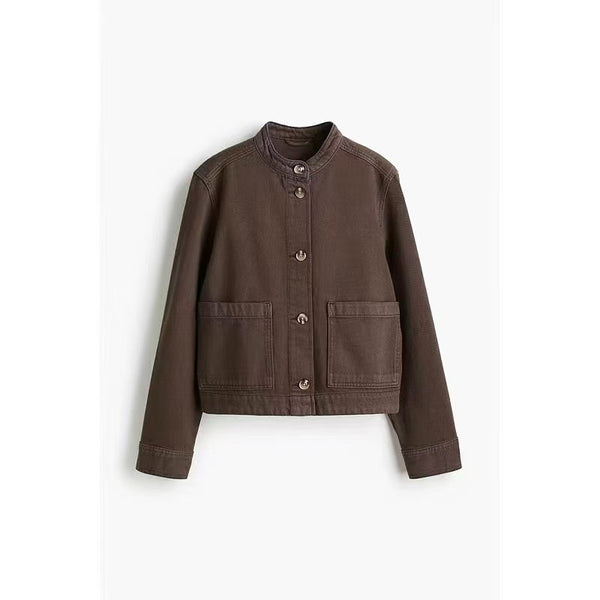 Womens Workwear Denim Jacket With A Stand Collar And Designer Details