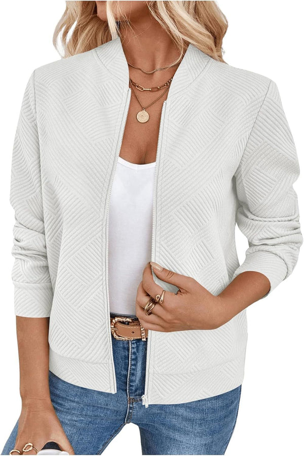 Womens Textured Zip-Up Bomber Jacket Casual Outerwear