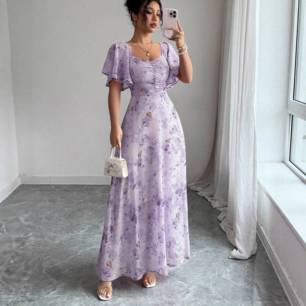 Flowers Printed Lotus Sleeve Dress Summer Elegant Slim Dresses Women's Clothing