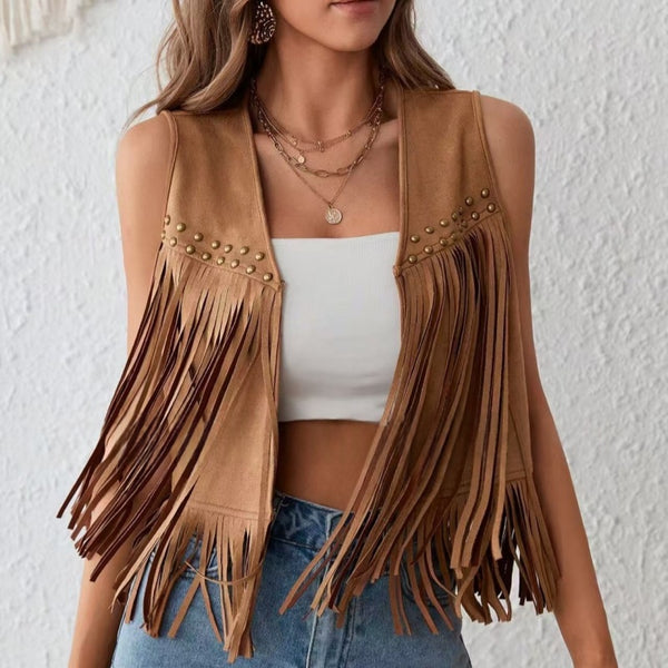Womens Tassel Sleeveless Vest With Suede Tassels