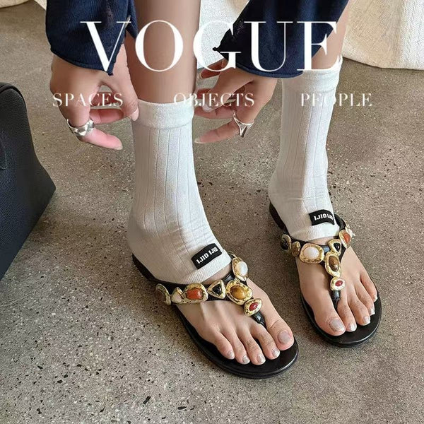 Women's Artisanal Full-Grain Leather Thong Sandals, Handcrafted Multi-Stone Embellished Flat Flip Flops