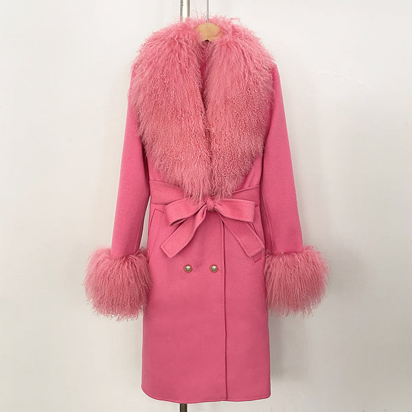 Long Double-faced Wool Coat With A Shearling Collar