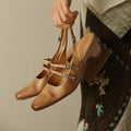 Women's Handmade Washed Full-Grain Leather Slingback Mary Jane Sandals, Vintage Square Toe Double Strap Buckle Low Wedge Heel Shoes