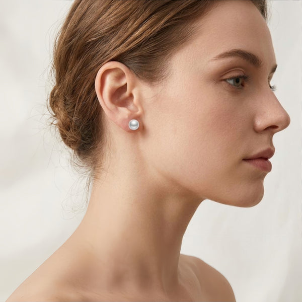 925 Sterling Silver Elegant Round White Pearl Stud Earrings with S925 Sterling Silver Posts for Timeless Sophistication