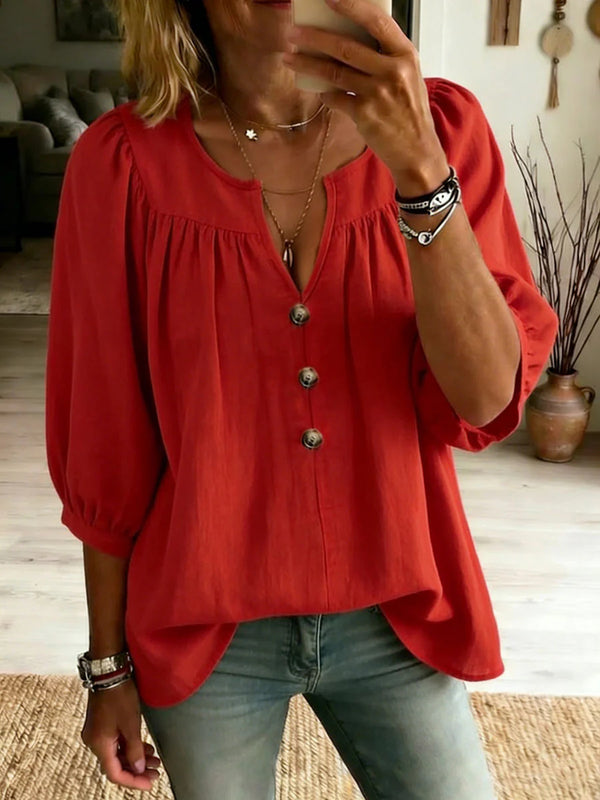Three-quarter-sleeve Buttoned Casual Loose-fit T-shirt