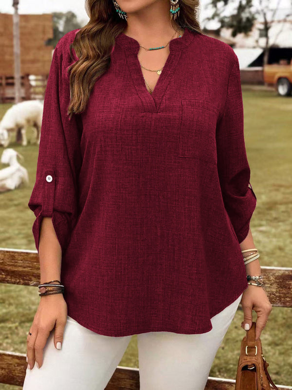Solid-color V-neck Button-up Loose-fitting Fashionable Top