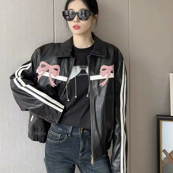 Women's Bow-Knot Zipper Leather Jacket