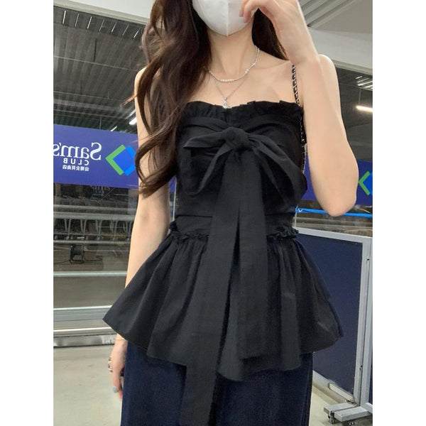 Sweet And Spicy Style Lotus Leaf Hemline Lace-up Bow-Cinched Tube Top