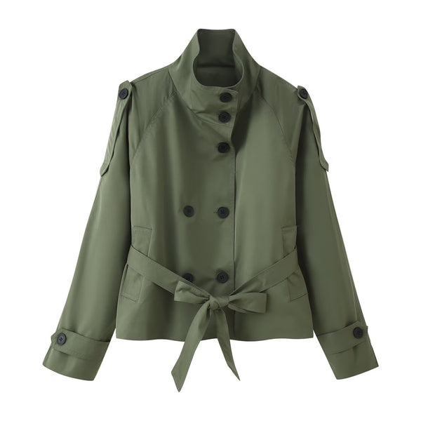 Stand-up Collar Double-breasted Belted Short Trench Coat
