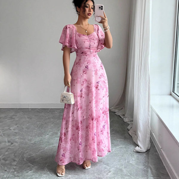 Flowers Printed Lotus Sleeve Dress Summer Elegant Slim Dresses Women's Clothing