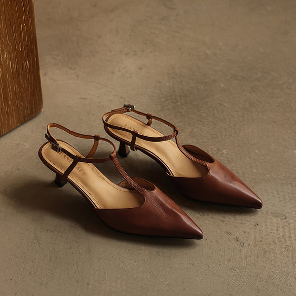 Women's Handmade Washed Full-Grain Lambskin T-Strap Slingback Heels, Vintage Pointed Toe Kitten Heel Sandals