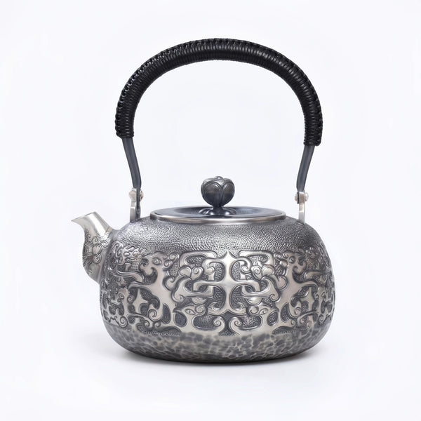 Pure 999 Fine Silver Elegant  Teapot with Intricate Cloud Patterns and Coiled Black Handle-Fine large teapot - Handicraft