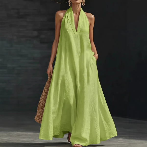 Casual V-neck Dress Halter Style Long Dress For Women's Casual Solid Color  A-line Dress For Daily Wear