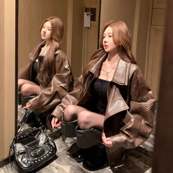 Women's Fashionable Vintage Zippered Lapel Jacket
