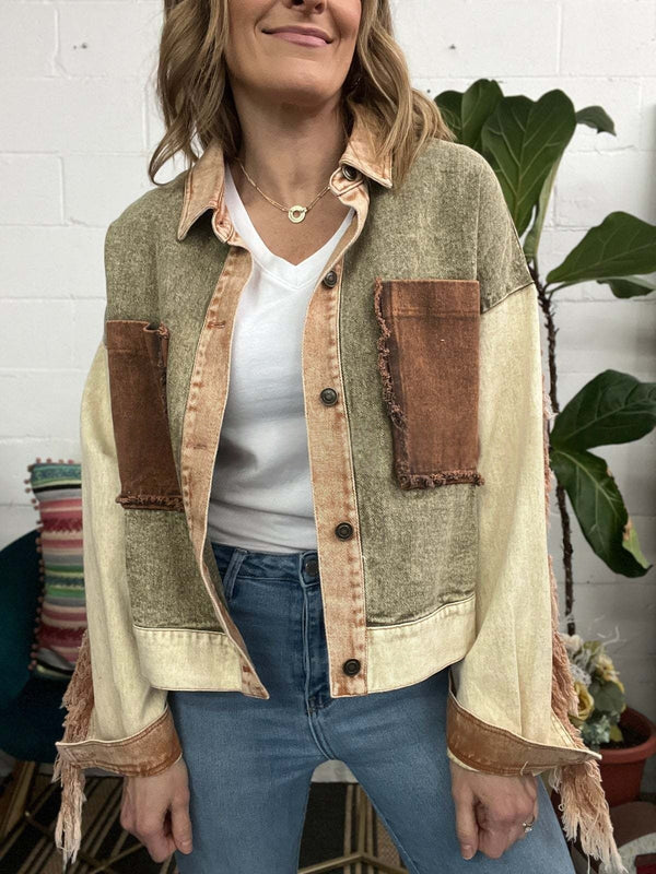 Fashionable Fringed Raw-edge Design Washed Contrast-color Work Jacket