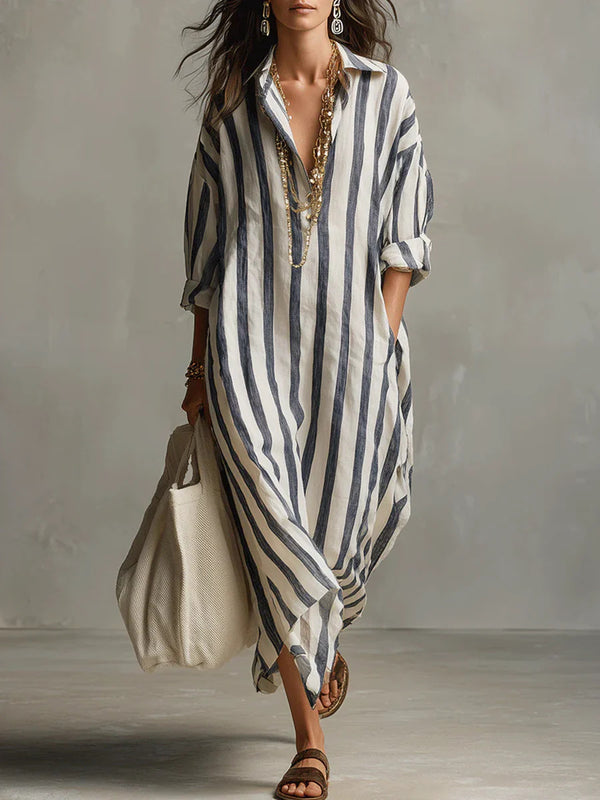 Striped Print Dress Summer Split Collar Short Sleeve Long Dresses Fashion Women's Clothing