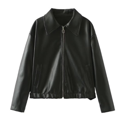 Solid Color Square Collar Leather Jacket Coat