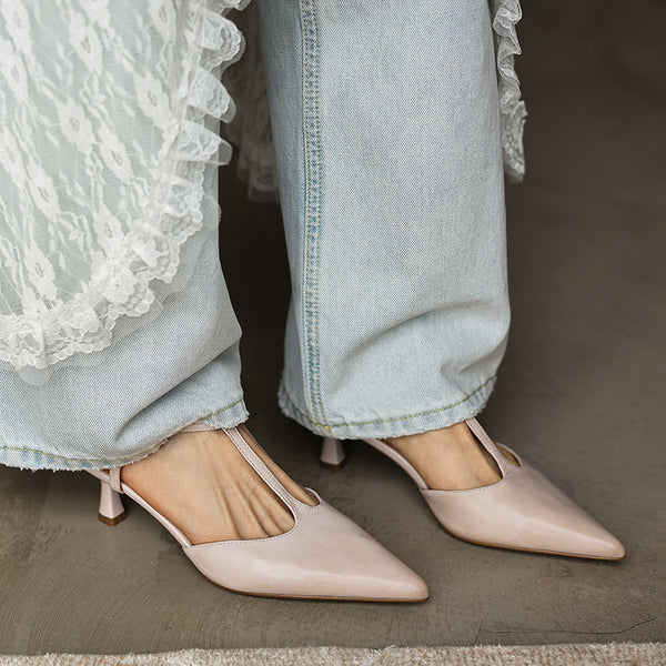 Women's Handmade Washed Full-Grain Lambskin T-Strap Slingback Heels, Vintage Pointed Toe Kitten Heel Sandals