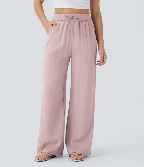 Solid Color Wide Leg Pants With Pockets Fashion Loose Drawstring Trousers Casual  Women's Clothing