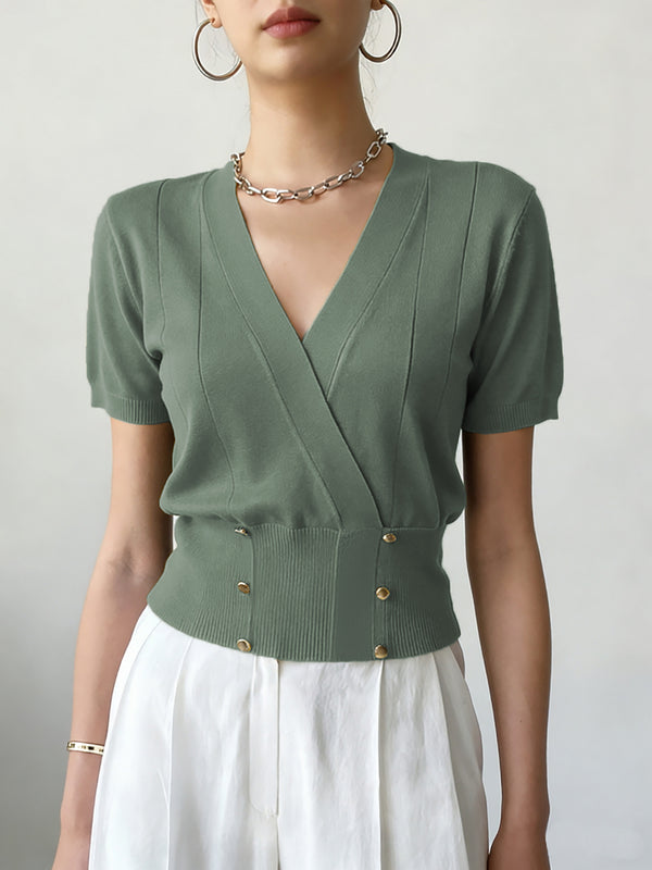 Women's Solid Color Elegant Top With Double Breasted Three Buttons