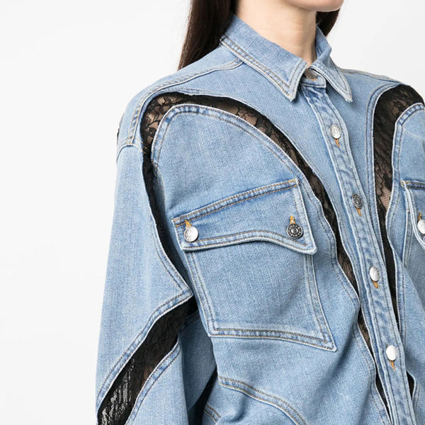 Lace Contrast-Color Oversized Shirt-Style Denim Jacket Coat