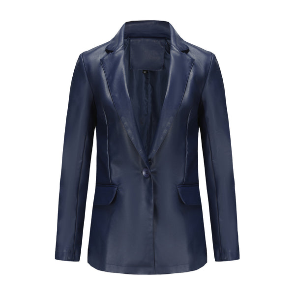 Single Button Commute Leisure Solid Color Leather Coat