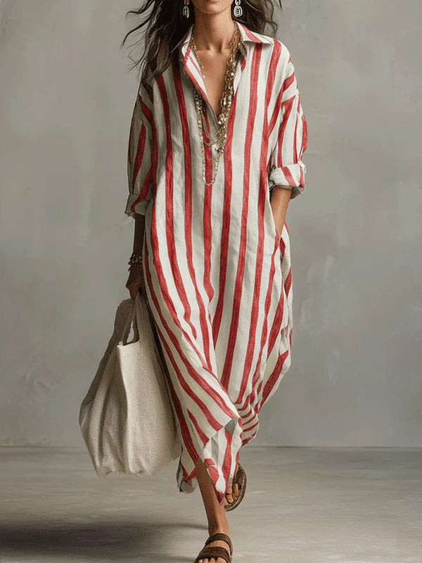 Striped Print Dress Summer Split Collar Short Sleeve Long Dresses Fashion Women's Clothing