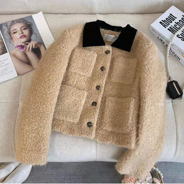 Women's Fashion Short Color-Block Lapel Jacket