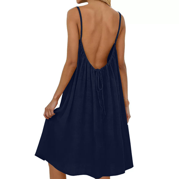 Women's Solid Color Spaghetti Strap Backless Dress - Sleeveless Summer Bodycon Fit Casual Evening Dress For Daily Wear Holiday Outfit