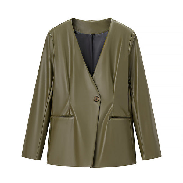 Women's Long-sleeved V-neck Leather Jacket