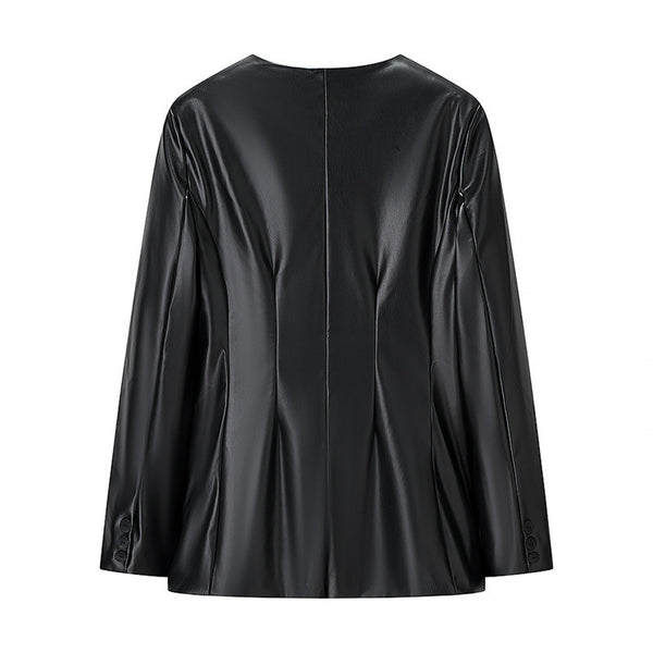 Women's Long-sleeved V-neck Leather Jacket