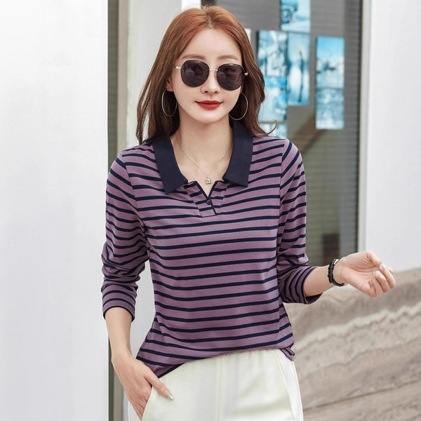 Striped Polo Shirt Plus-size Womens Fall Long-sleeve