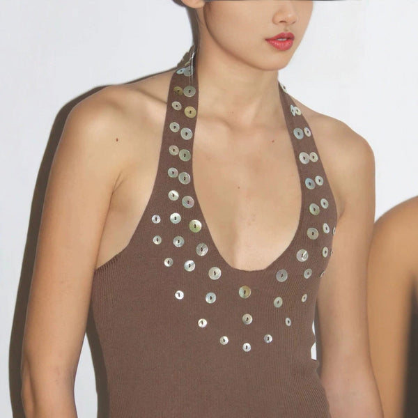 Decorative Threaded Knit Halterneck Vest Top