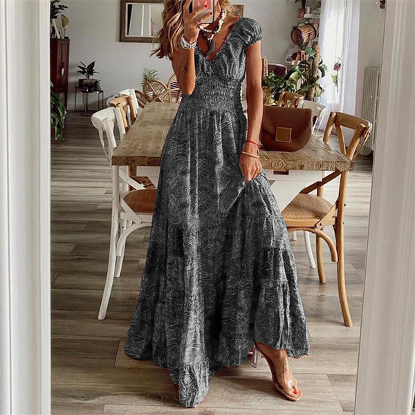 Summer Floral Print A-Line Dress  Women's Waist-Cinching  Mid-Length Dresses