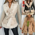 Women's Graceful And Fashionable Fur Collar Lace-up Waist Leather Coat