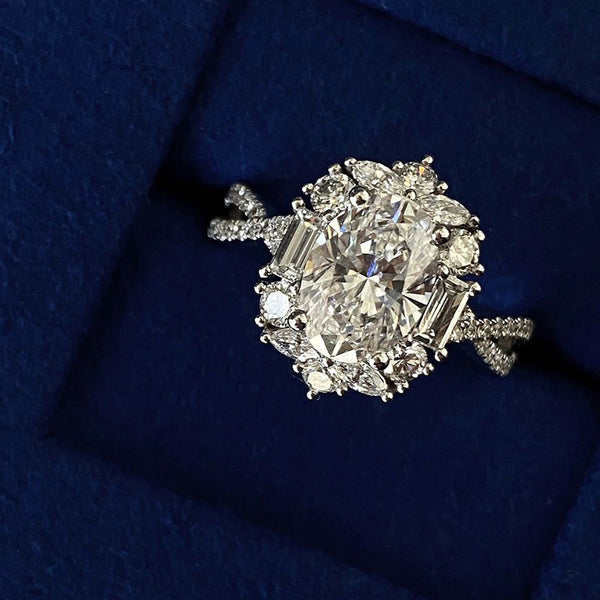 Luxury Design Oval Simulated Moissanite Engagement Ring, White Gold Plated Cluster Zircon Ring For Women, Wholesale