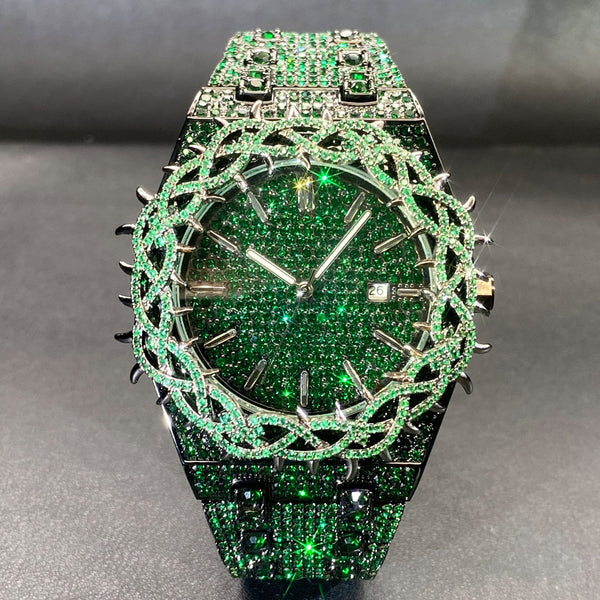 Hip-Hop Mens Watch With Green Full-Covering Zircon Inlays