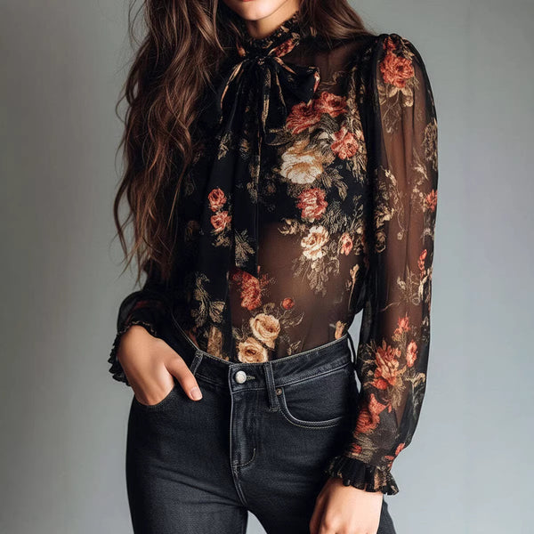 Women's Sheer Floral Print Collar Shirt