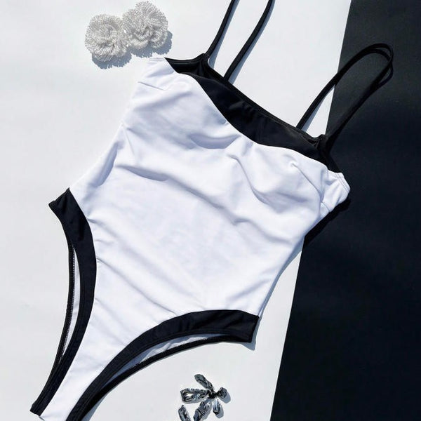 New Black-and-white Color-block Chanel-style One-piece Swimsuit