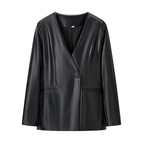 Women's Long-sleeved V-neck Leather Jacket