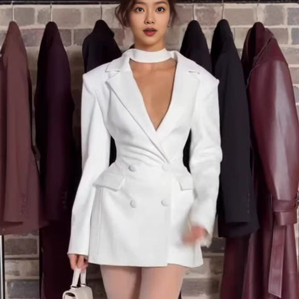 Deep-V Long-sleeved Bloom-shaped Waist-cinched Slim-fit Midi Blazer For Women