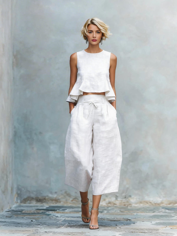 Ruffled Suits Summer Round Neck Sleeveless Top And Loose Wide-leg Pants Casual Fashion Straight Trouser Set