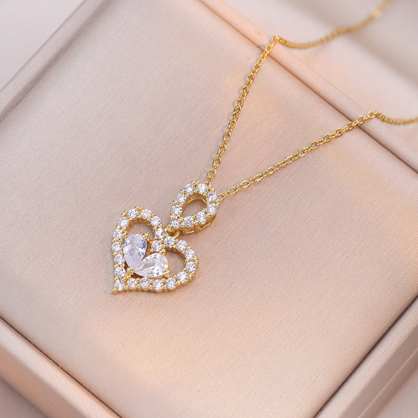 Affectionate Titanium Steel Light-Luxury Jewelry Diamond-Inlaid Heart Choker Necklace For Women