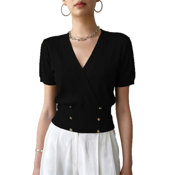 Women's Solid Color Elegant Top With Double Breasted Three Buttons