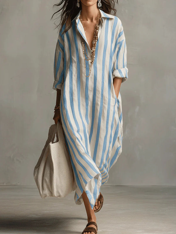 Striped Print Dress Summer Split Collar Short Sleeve Long Dresses Fashion Women's Clothing