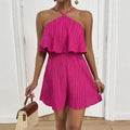 Crinkled Halter Neck Ruffled Jumpsuit Women's One Piece Summer Outfit With Flared Legs And Lightweight Breathable Design
