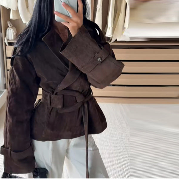 Retro Brown Lace-Up Suede Jacket For Women