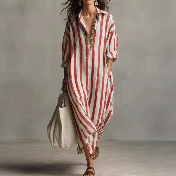 Striped Print Dress Summer Split Collar Short Sleeve Long Dresses Fashion Women's Clothing