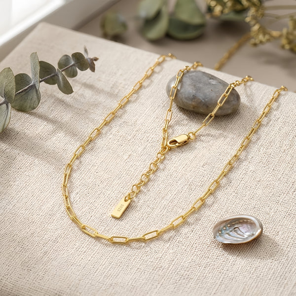 925 Sterling Silver Elegant Gold Paperclip Chain Necklace with Adjustable Length and Lobster Clasp
